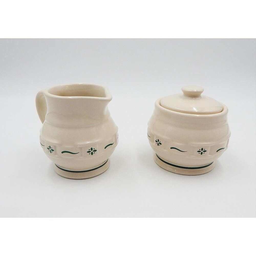 Longaberger Pottery Woven Traditions Heritage Green Sugar & Creamer Set